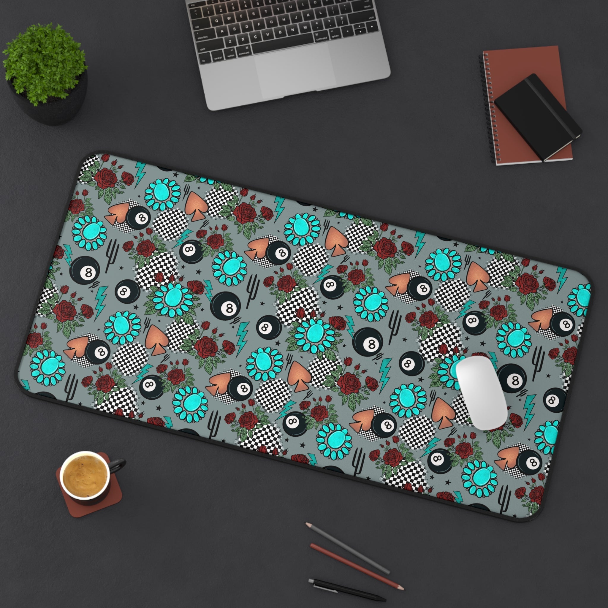 Gray, Turquoise and Checkered Desk Mat