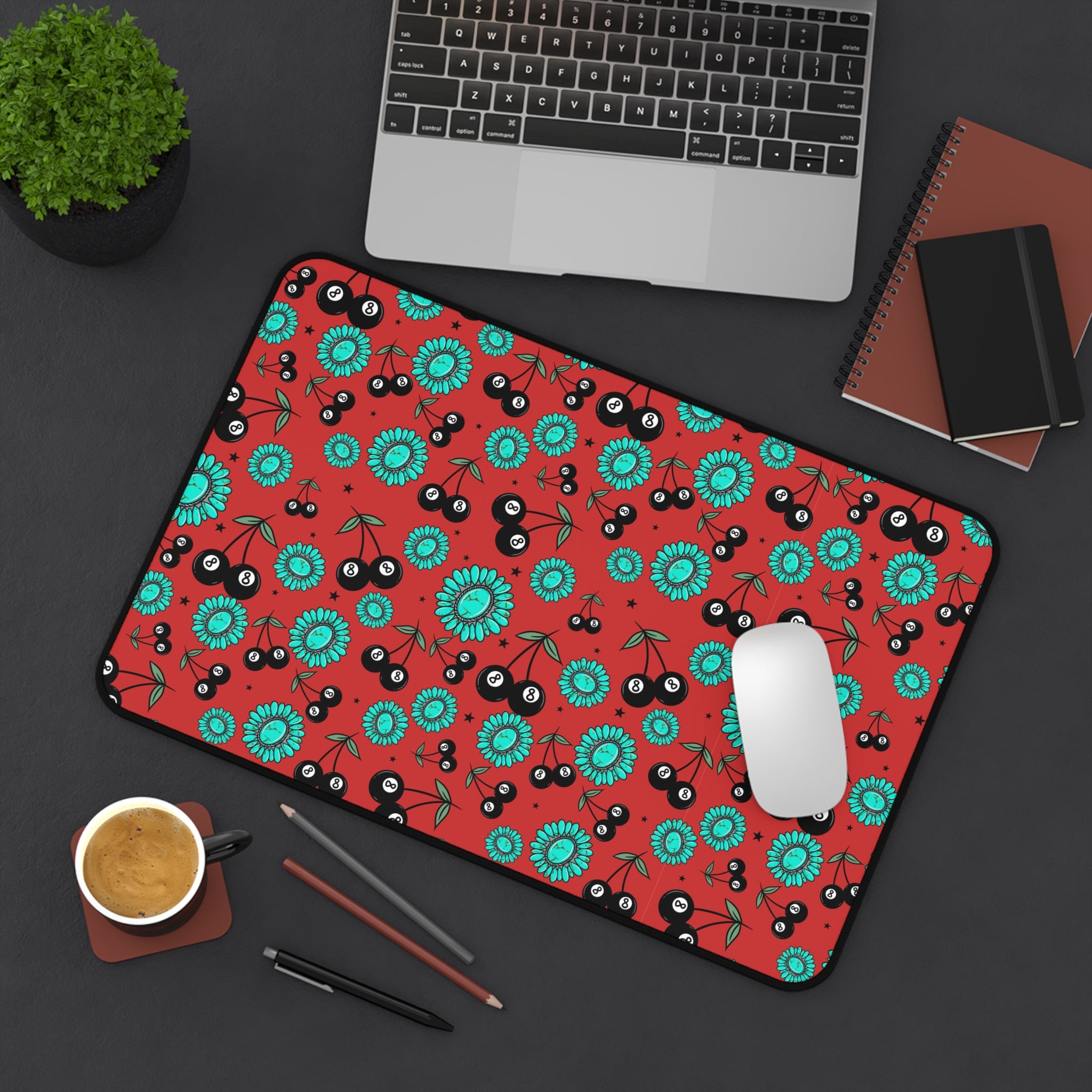 Red, Turquoise and 8 Ball Cherries Desk Mat