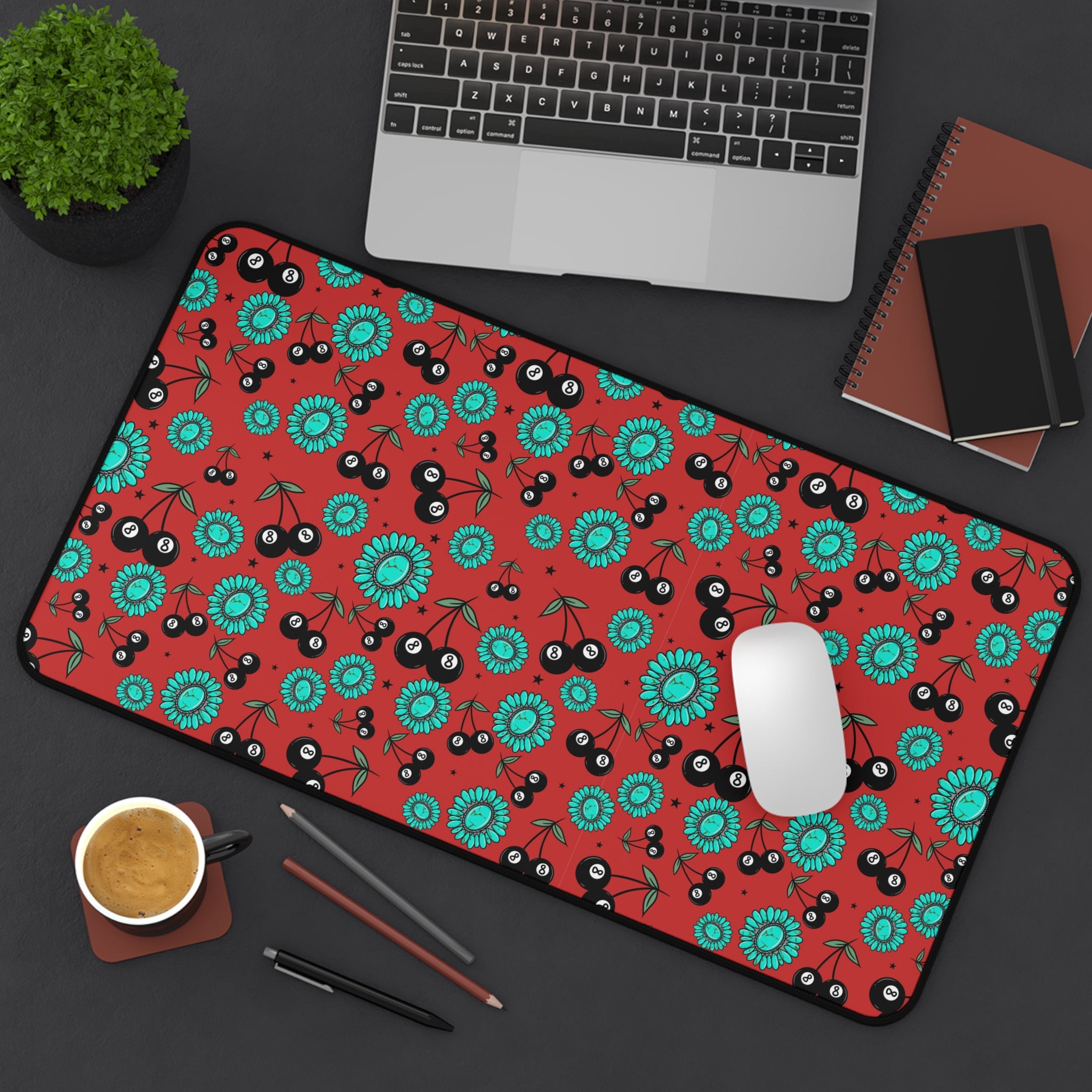 Red, Turquoise and 8 Ball Cherries Desk Mat
