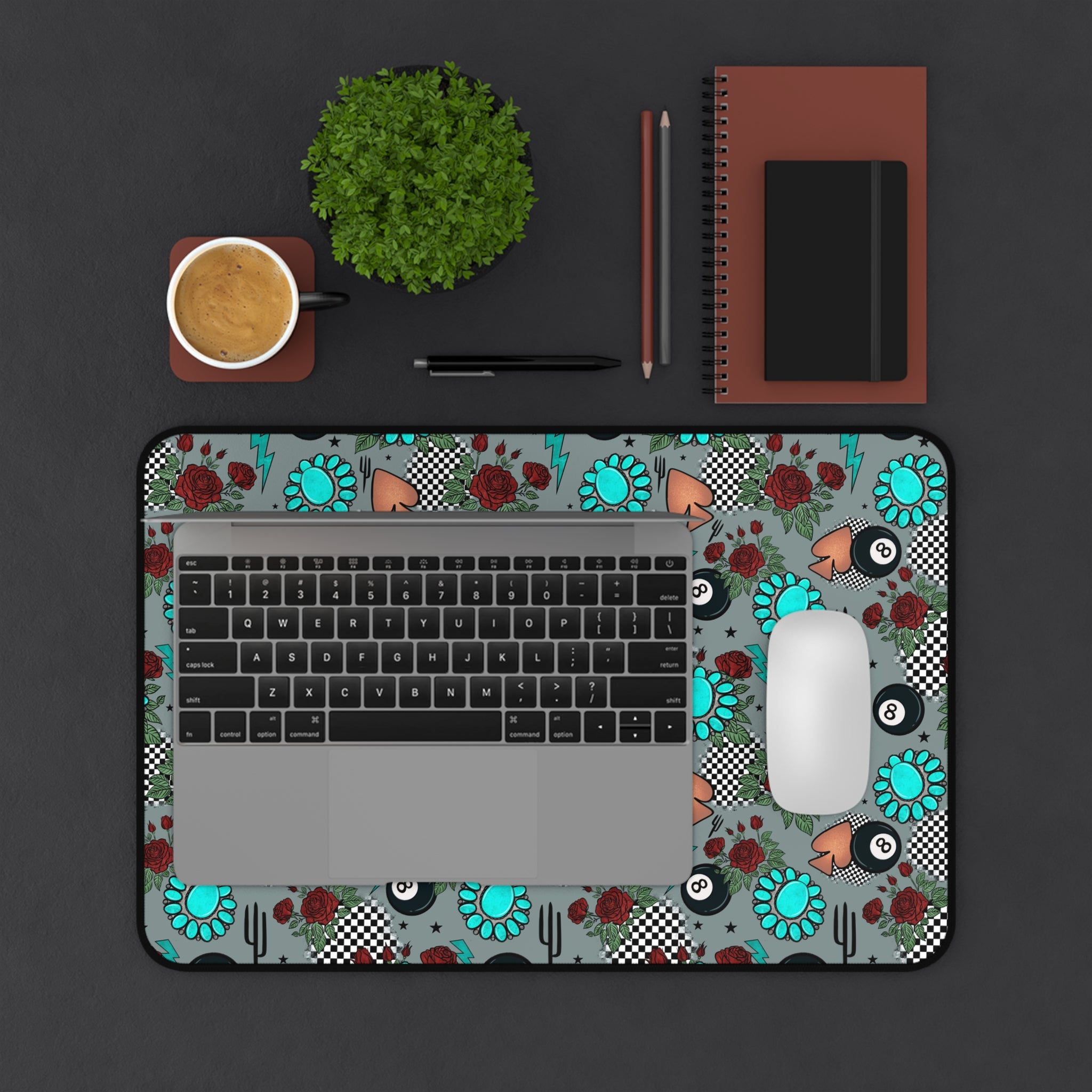 Gray, Turquoise and Checkered Desk Mat