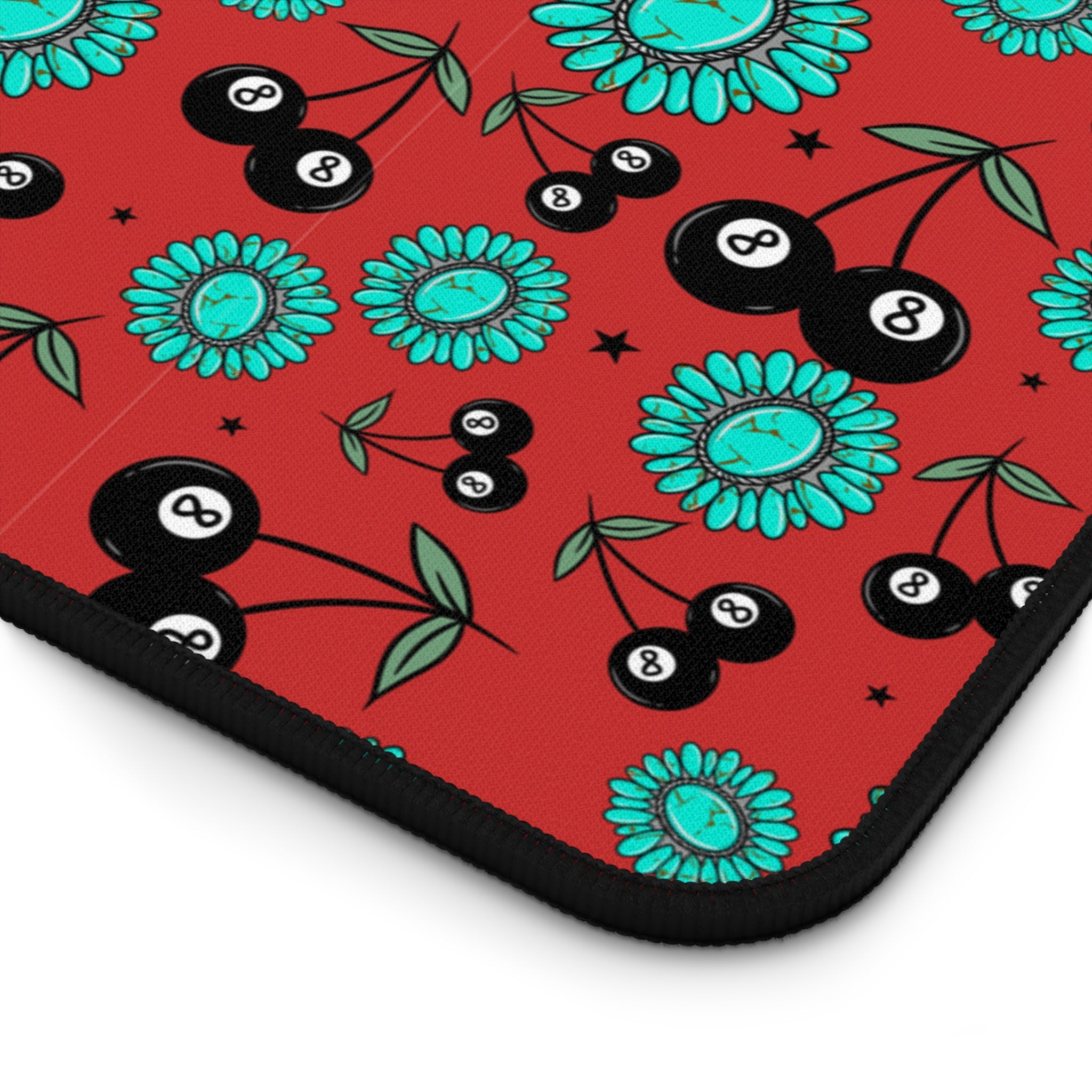 Red, Turquoise and 8 Ball Cherries Desk Mat
