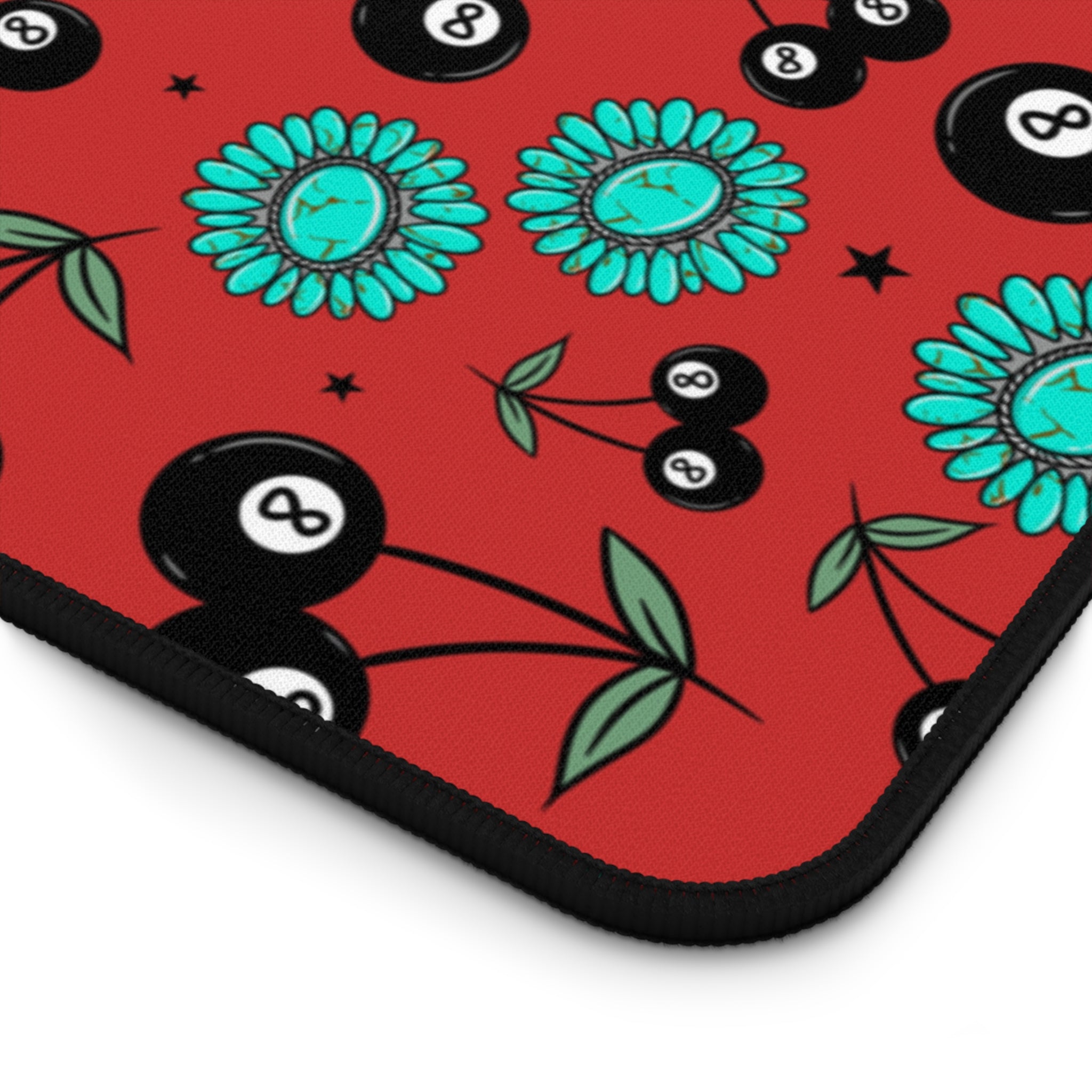 Red, Turquoise and 8 Ball Cherries Desk Mat