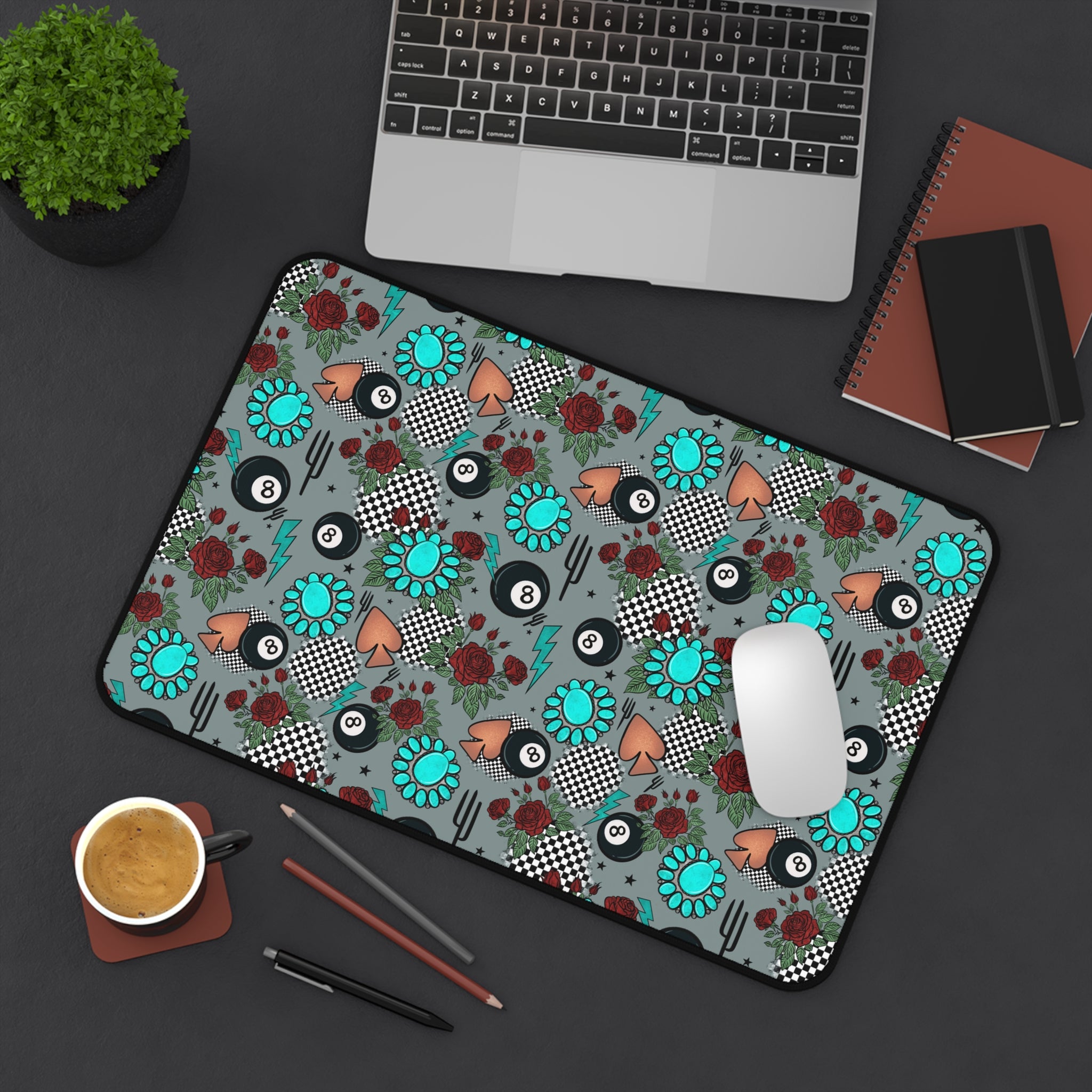 Gray, Turquoise and Checkered Desk Mat