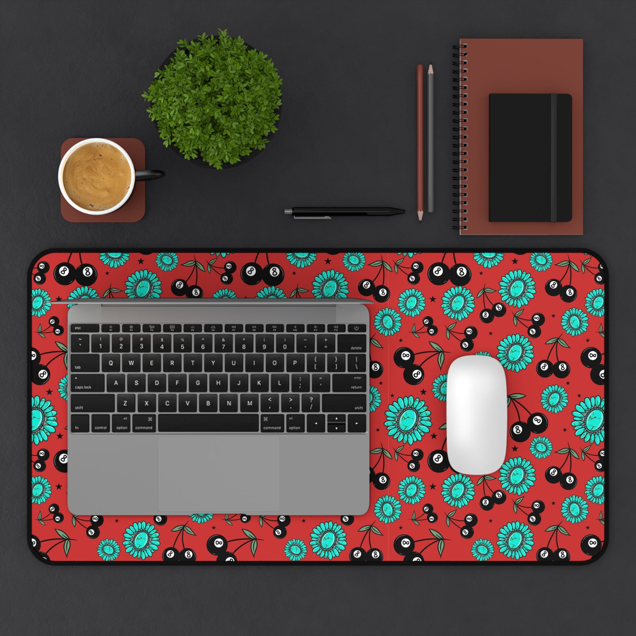 Red, Turquoise and 8 Ball Cherries Desk Mat