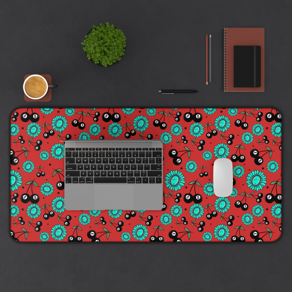 Red, Turquoise and 8 Ball Cherries Desk Mat