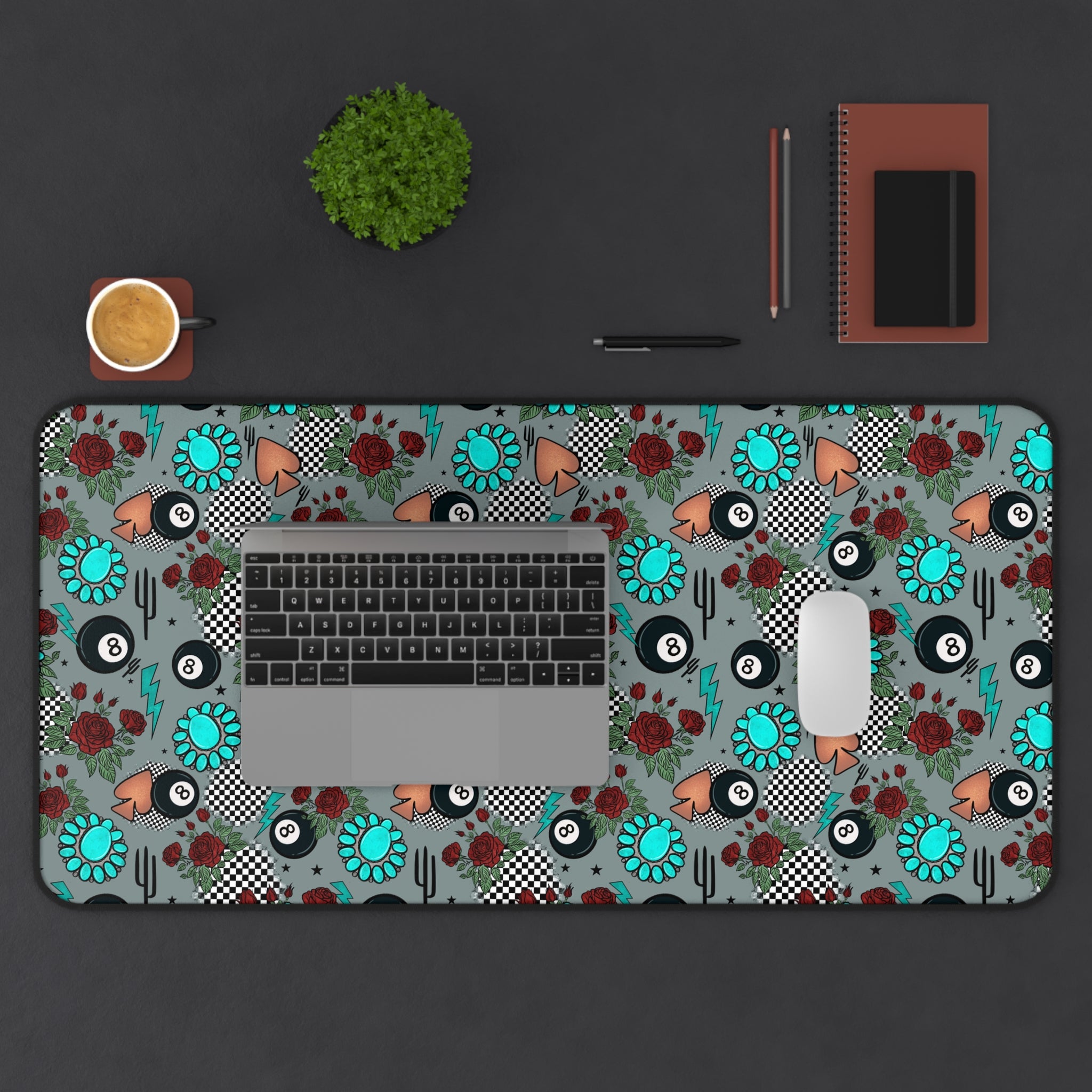 Gray, Turquoise and Checkered Desk Mat