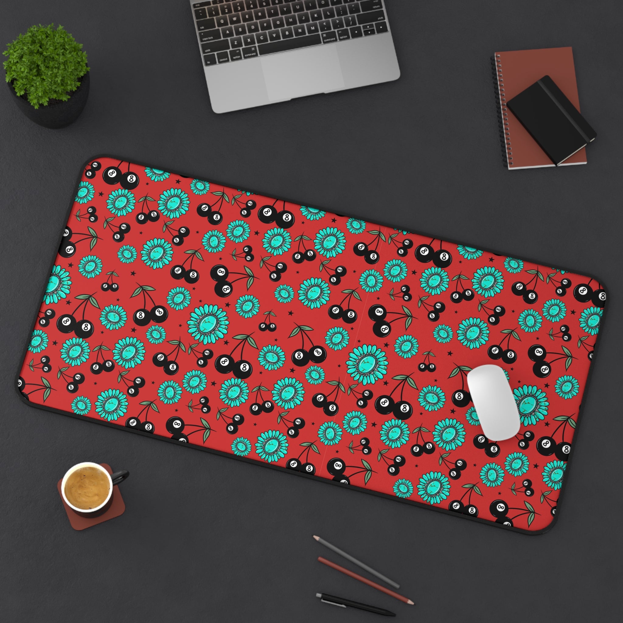 Red, Turquoise and 8 Ball Cherries Desk Mat
