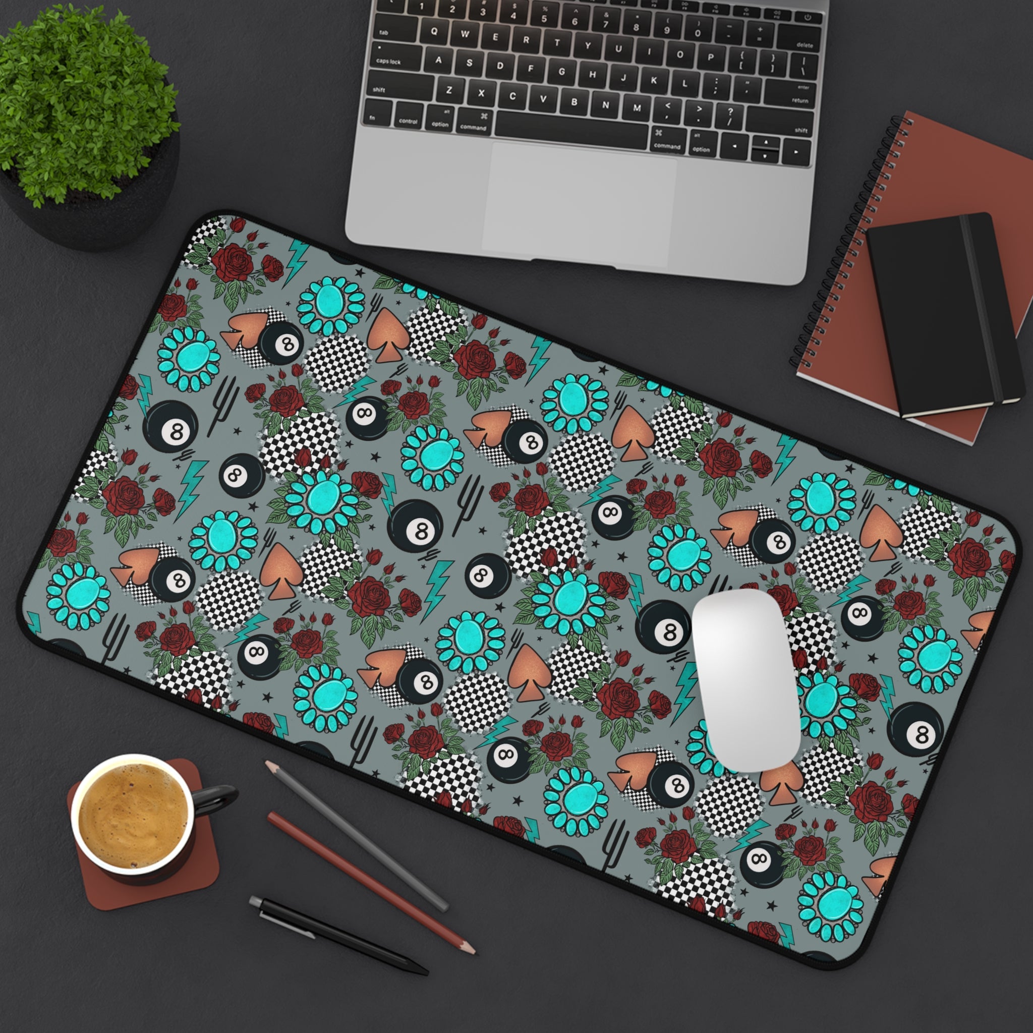 Gray, Turquoise and Checkered Desk Mat