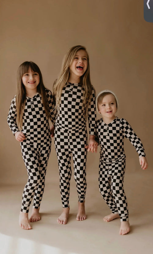 Bamboo Kids Two Piece Pajamas | Black Checkerboard